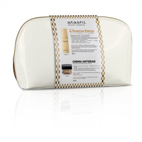 Trasera del neceser Juventud Eterna con L´Essenza Eterna y la crema hidratante redensificante SPF 15