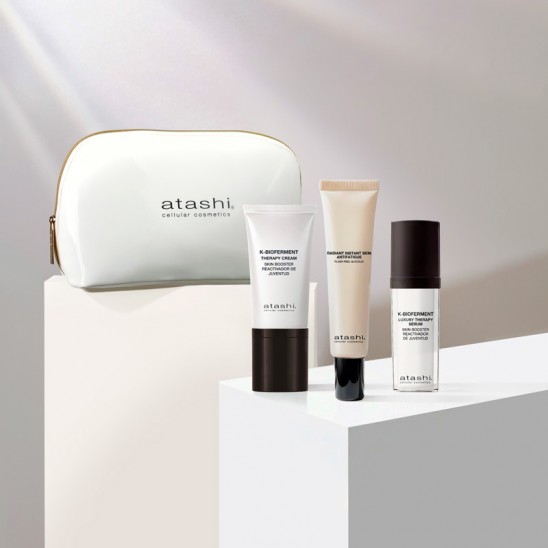 K-Bioferment Cream + K-Bioferment Sérum + Radiant Instant Skin junto a la bombonera blanca de atashi